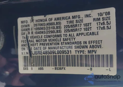 2009 Honda Cr-V Ex z USA, uszkodzony, nr VIN 5J6RE48509L009531